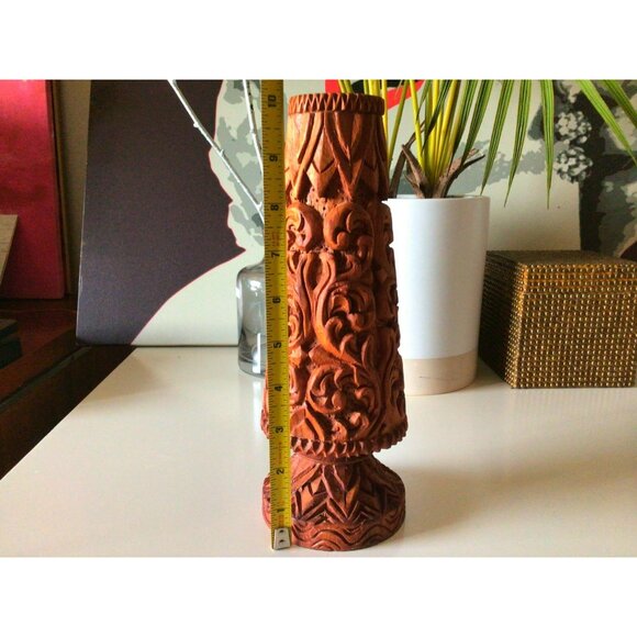 Vintage Vase Ornate Floral Hand Carvings Wooden 10" x 4"  Made In Thailand - Picture 13 of 14